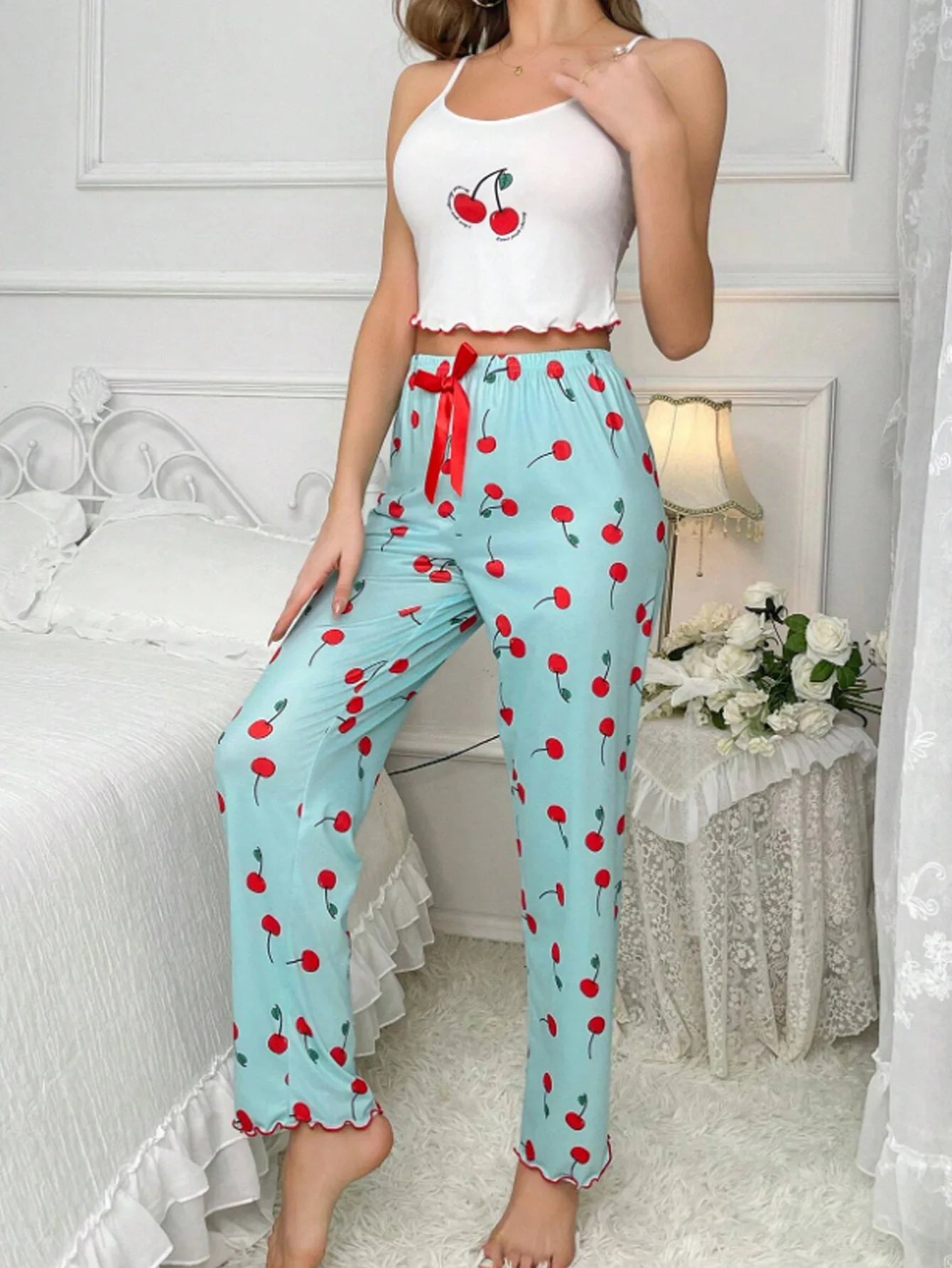 Y2K Coquette Cherry Print Pyjama Set Damen Cami Crop Top Hosen Zweiteilige Nachtwäsche Loungewear Sommer Frühling Herbst Outfits