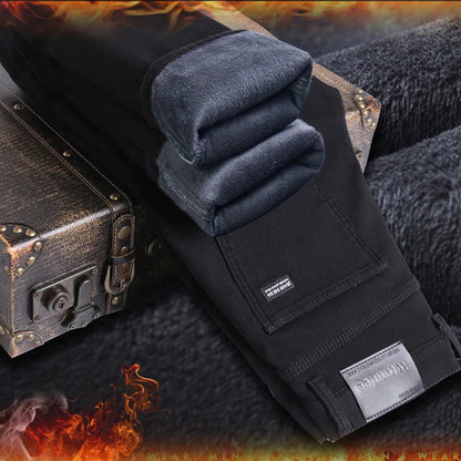 2024 Winter Brand Men Warm Fleece Jeans Fashion Thermal Business Pants Retro Classic Denim Trousers Casual Stretch Slim Jeans.