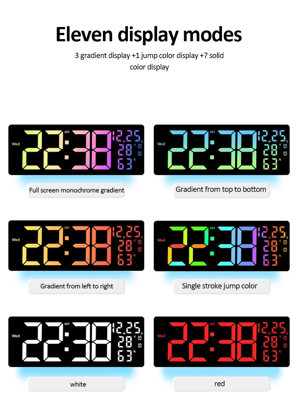 17-Zoll großer digitaler Wecker mit 11 Farben und dynamischem RGB-Display, RGB-LED-Wanduhr mit Farbwechsel/Doppelalarm/Raumdekoration