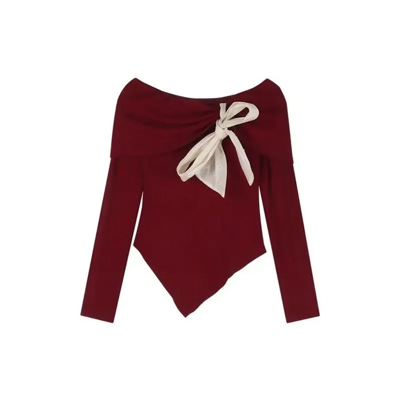 Red One-Shoulder Long-Sleeve Knitted Sweater Women's Spring New Year Slim Fit Short Top Butterfly Knot Decorated Cotton T-shirt.