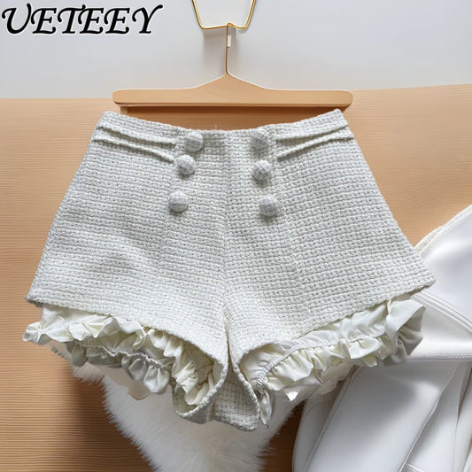 Autumn Winter New Woven Tweed Fungus Edge Buckle Shorts Femininity Versatile High Waist Pure Desire Wind Boots Short Pants.