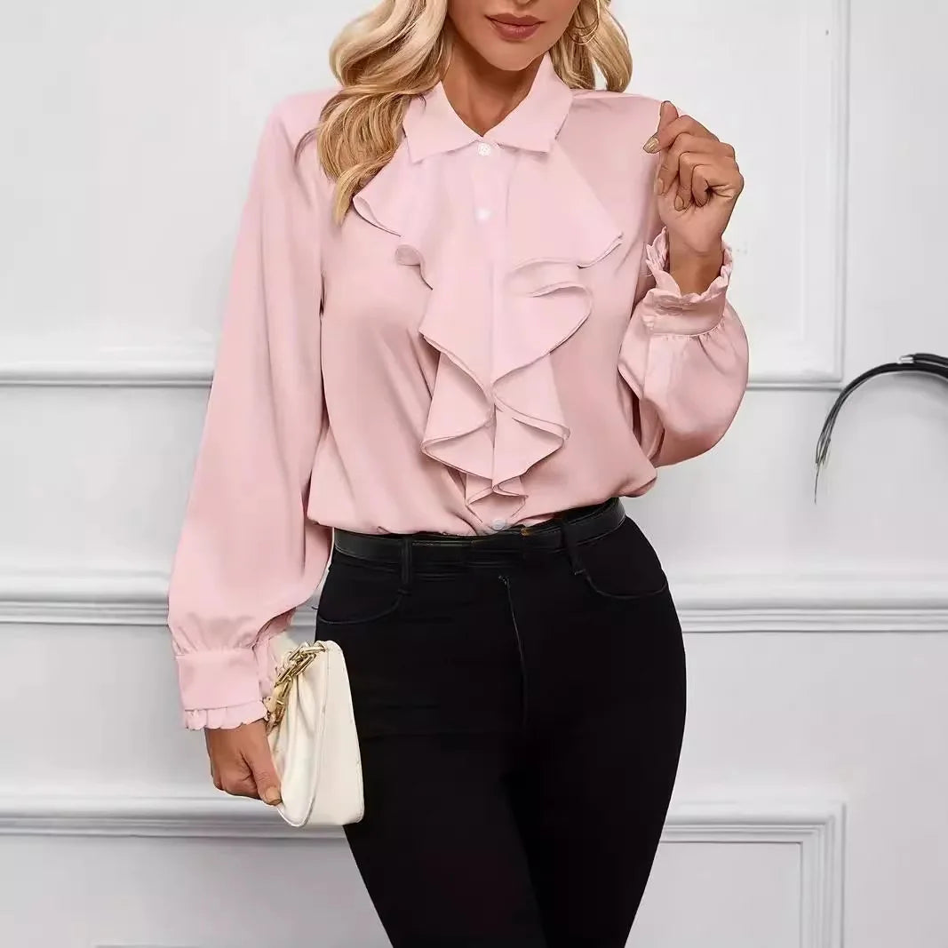 Spring Autumn Shirts Fashion White Ruffled Elegant Blouse Tops Women New Long Sleeve Lapel Woman Shirt Solid Office Ladies Tops.