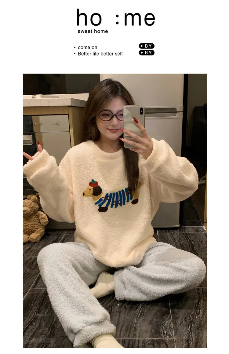 Kawaii Hello Kitty Pajamas Girl Sanrio Long-Sleeved Loungewear Sweet Young Student Girl  Warm Home Clothes Sleepwear Set.