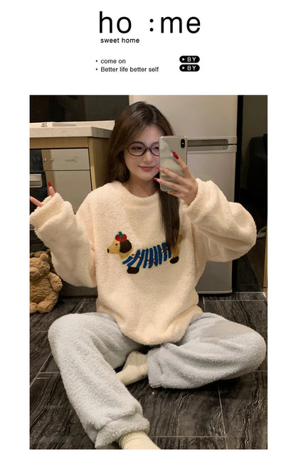 Kawaii Hello Kitty Pajamas Girl Sanrio Long-Sleeved Loungewear Sweet Young Student Girl  Warm Home Clothes Sleepwear Set.