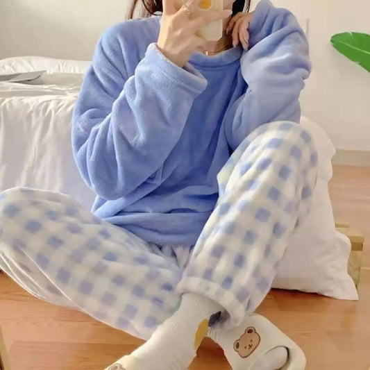 Fleece-Pyjama-Set für Damen, dick, warm, Winter-Nachtwäsche, lässig, solides Oberteil und karierte Hose, weiches Pyjama-Set für Damen, Heimanzug