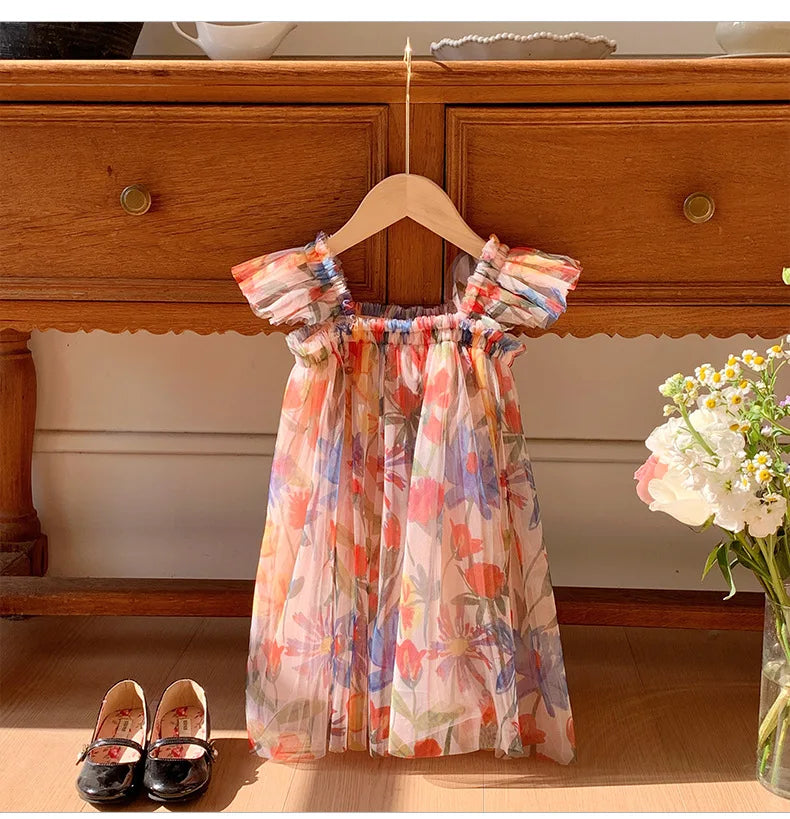 2023 sommer Kinder Kleidung Puff Sleeve Blumen Druck Kleid Für Mädchen Mesh Kinder Kleid für Mädchen.