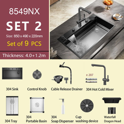ASRAS large kitchen stainless steel nano sink with built-in waterfall faucet and large drainage outlet design