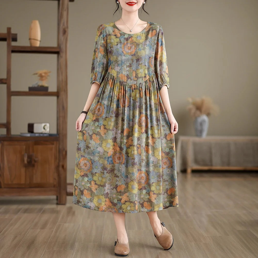 Kurzarm übergroße Baumwolle Satin Vintage Blumen neu in Kleidern für Frauen lässig lose lange Sommerkleid elegante Kleidung.