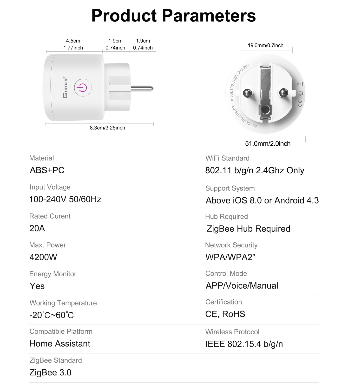 GIRIER Smart Plug ZigBee 20A Smart Home Steckdose EU 4200W mit Power Monitor Funktion Unterstützt Alexa Google Home Assistant.