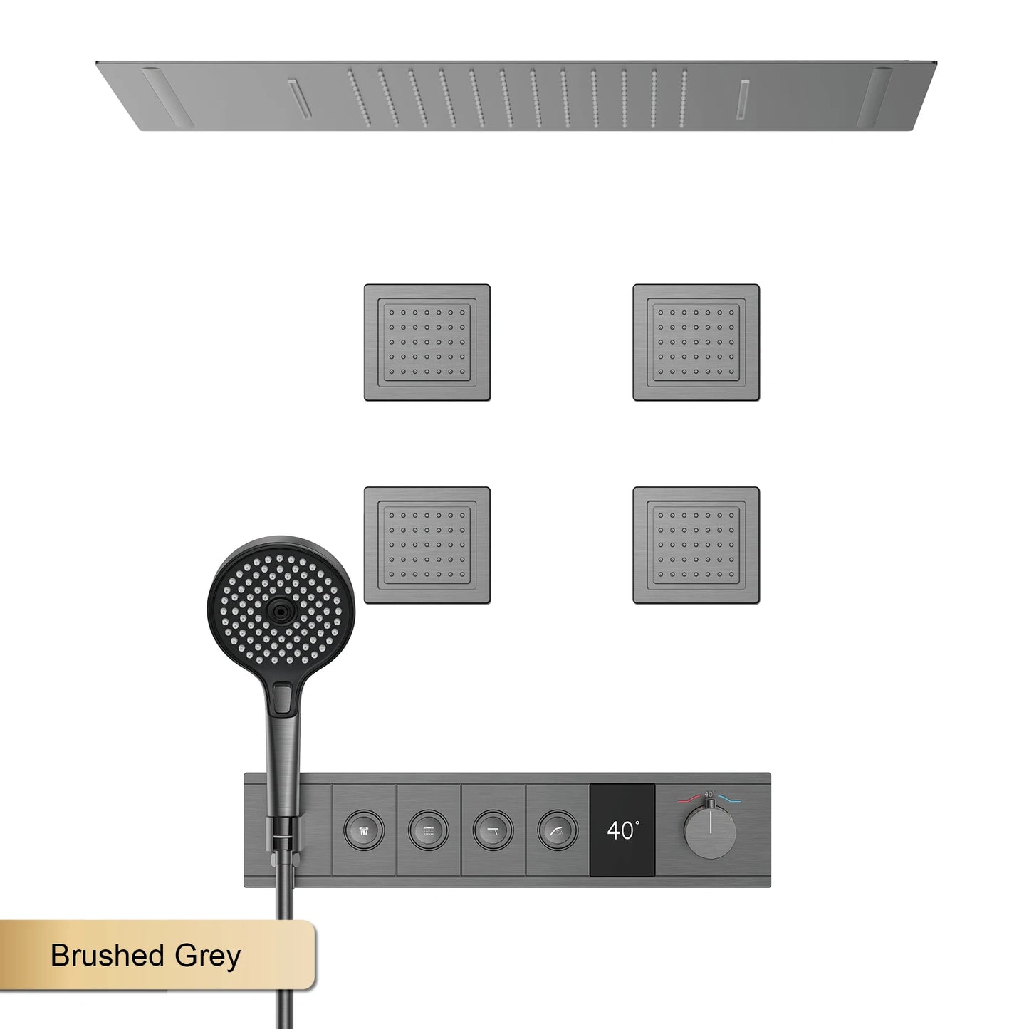 Deckenmontiertes thermostatisches LED-Digitalanzeige-Duschsystem. Eingebetteter Badmischer aus Messing im Wasserfallstil für heißes und kaltes Wasser