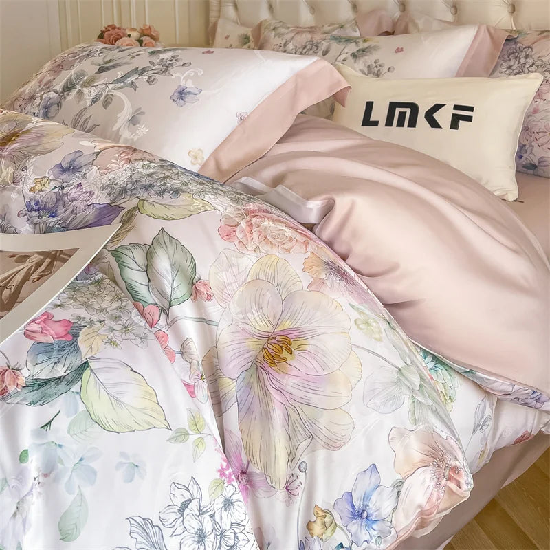 Flowers Prints Bedding Set Lyocell Eucalyptus Fiber Super Soft Silky Cool Feeling Duvet Cover Bed Sheet/Fitted Sheet Pillowcases.