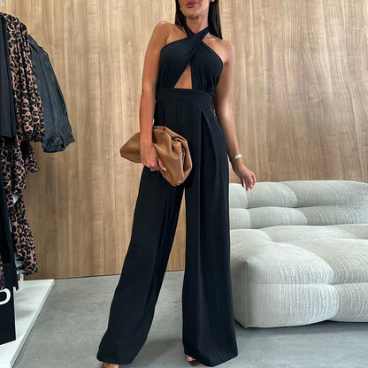 Women Fashion Hollow Combination High Street Hollow Backless Slim Long Jumpsuit 2025 Solid Cross Halter Wide Leg Office Rompers.