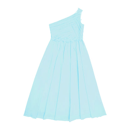 Mädchen Hochzeit Brautjungfer Kleid One Shoulder Elegante Guipure-Spitze Geraffte Chiffon Maxi Party Kleider Geburtstag Abend Abendkleid
