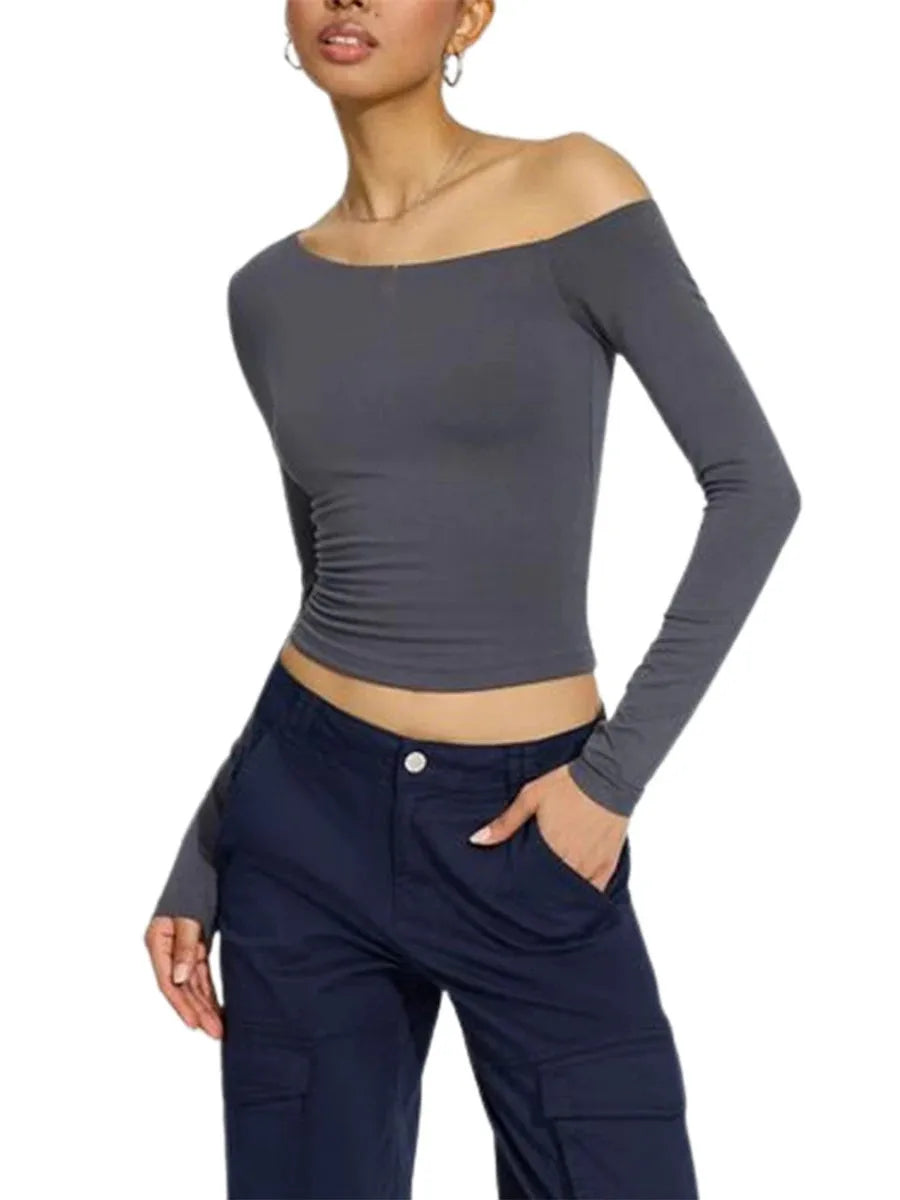 Women's One Shoulder Pullover Tops Slim Fit Solid Color Slash Neck Long Sleeve Showing Navel Asymmetrical Basic Shirt for Fall