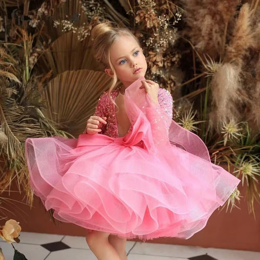 2024 Mädchenkleidung, Pailletten, High-End-Schleife, Puffrock, Kindergeburtstag, Bankett, Abendkleid, 3–10 Jahre alt, Ballettaufführung