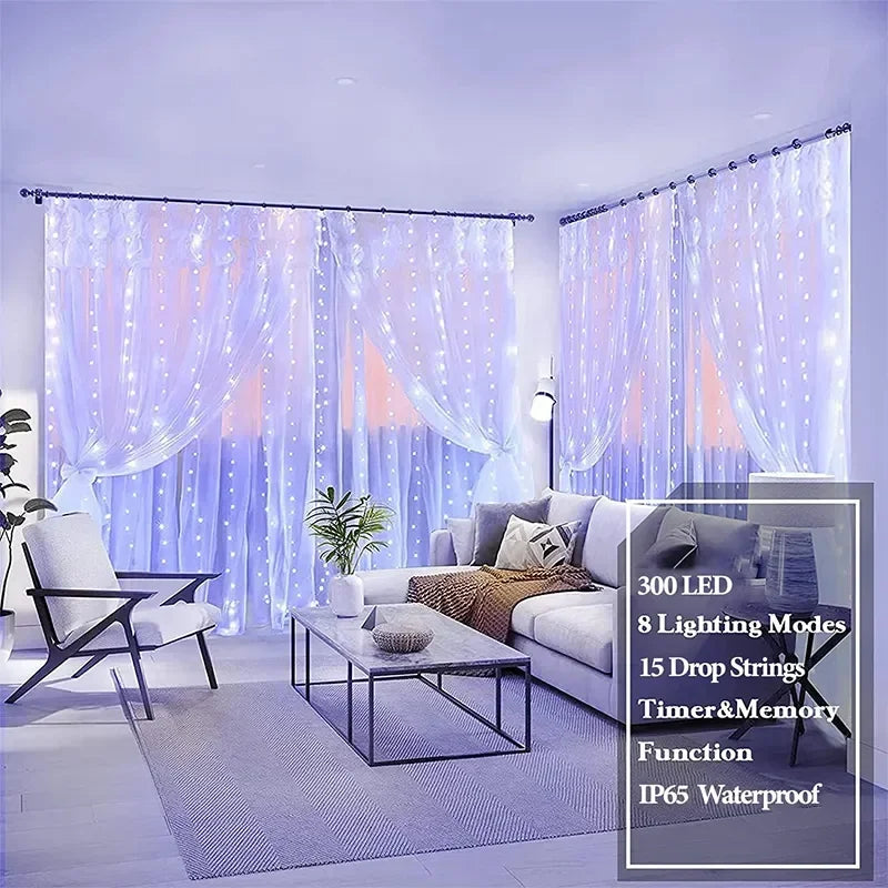 300 LED-Vorhang-Lichterkette, 8 Modi, USB-Stecker, Kupferdraht, Lichterkette für Schlafzimmer, Fenster, Weihnachten, Hochzeit, Party, warmweiß.