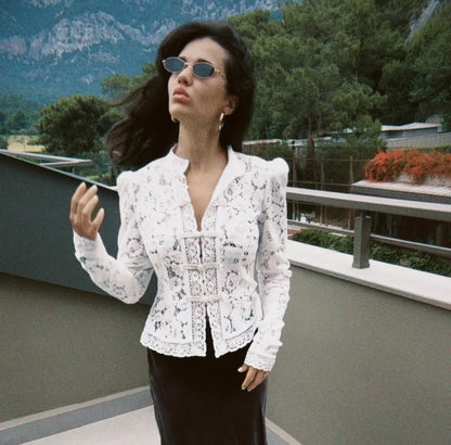 Tuularose Luxury Lace Blouse Fashion Lace Print Single Breasted Slim Shirt Vintage Elegant Party Looks Summer Women Blouse Tops