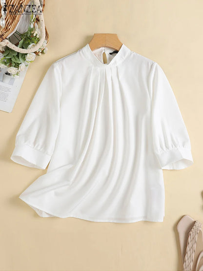 ZANZEA Fashion Stand Collar Blouse Woman 3/4 Sleeve Solid Color Tunic Tops Female Casual Loose Shirt Elegant Party Blusas Mujer.