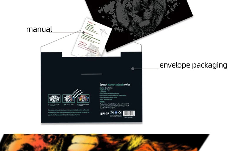 2 Sheets Animal Scratch Art Paper Set with Stylus DIY Rainbow Craft Lion Unicorn Cat Dog Painting Toy Creative Kids Adults Gift.