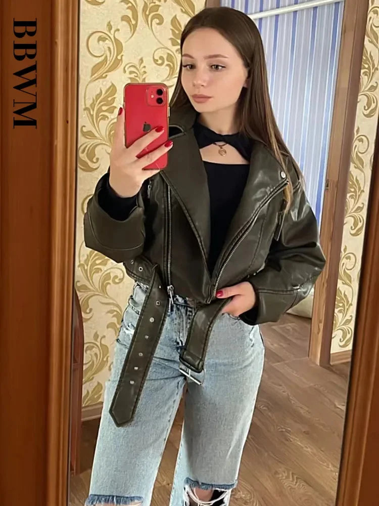 Traf Frauen übergroße Vintage lose Pu Kunstleder kurze Jacke mit Gürtel Streetwear weiblichen Reiß verschluss Retro Moto Biker Mantel Outwear.
