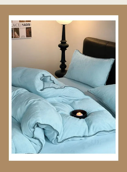 2024 new matte thin strip shell edge winter bed four-piece set milk fleece coral fleece thickened warm bed sheet quilt cover.