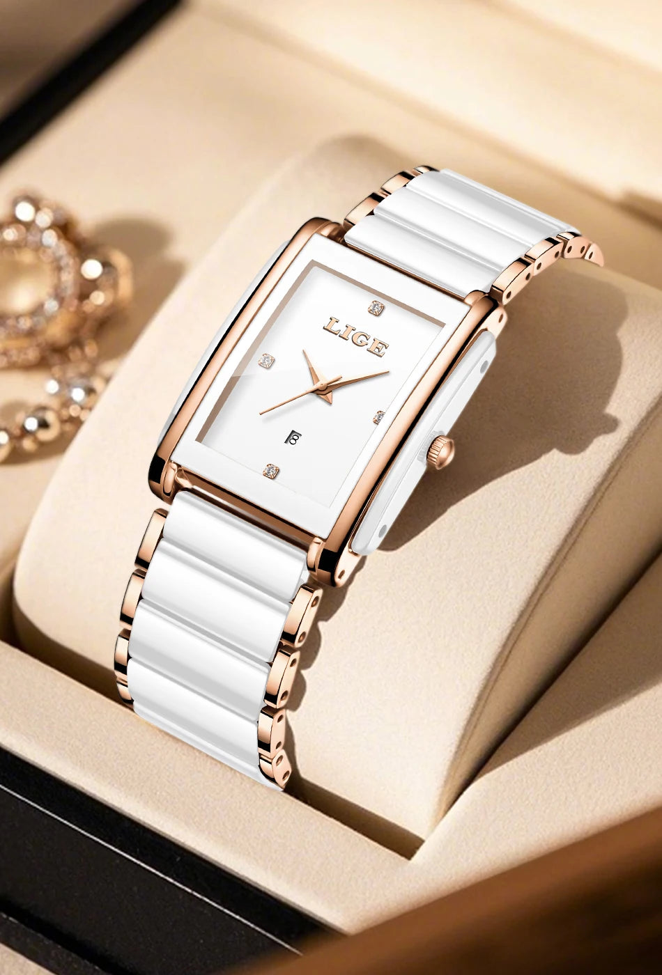 LIGE Fashion Square Quartz Woman Watches Ceramics Elegant Simple Diamond Auto Date Romantic Birthday Gift Leisure Wristwatch New.