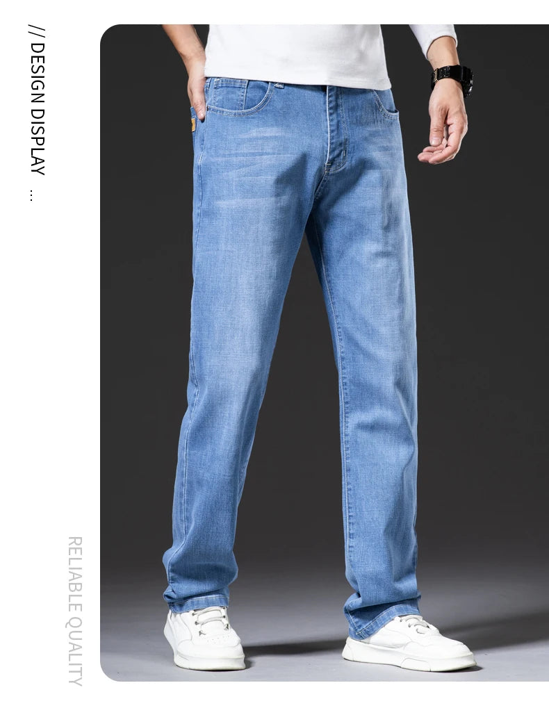 Große Größe 40, 42, 44, 46, lockere, gerade Jeans für Herren, Herbst, neue Business-Casual-Stretchhose, klassische blaue Denim-Hose für Herren.