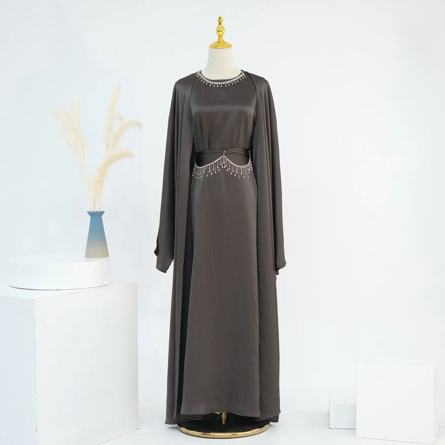 Ramadan Muslim Women 2 Piece Set with Chain Party Dresses Abaya Eid Jalabiya Sashes Diamond Morocco Dubai Kaftan Cardigan Robe