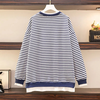 150Kg Plus Größe frauen Fehlschlag 157 Frühling Herbst Neue Lose Gefälschte Zwei-Stück Lange Ärmeln Gestreiften sweatshirt 5XL 6XL 7XL 8XL 9XL
