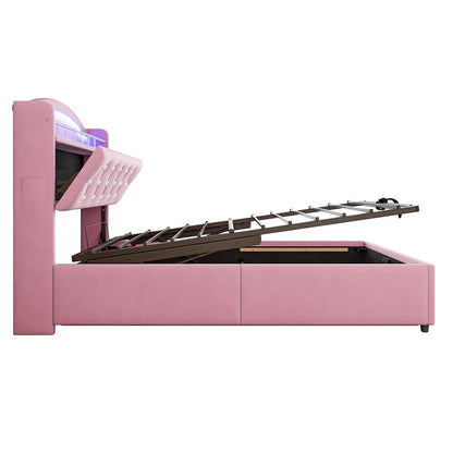 KOMHTOM Kinder Polsterbett 90x200 cm Samt Einzelbett, Multifunktionsbett mit Stauraum, LED und USB