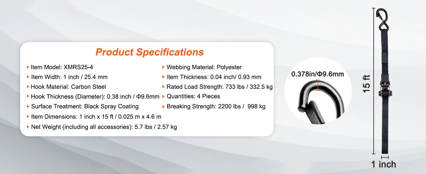 SucceBuy 4 Stück Anhänger-Ratschen-Spanngurte mit gepolsterten Griffen, Haken-Bremsbindegürtel für die Bewegen, Sicherung von Fracht und Motorrädern