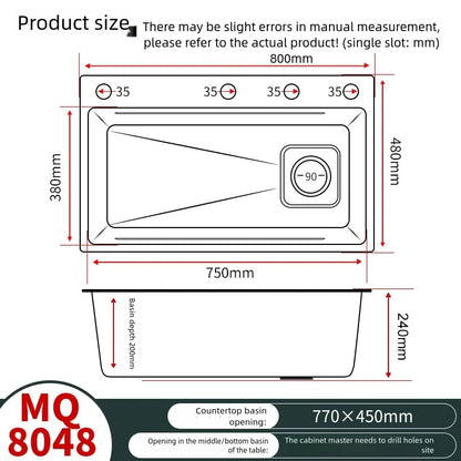Kitchen Sink 316L Food Grade Stainless Steel Large Single Slot Wash Dish and Wash Vegetable Basin Homeuse Undercounter Bowl