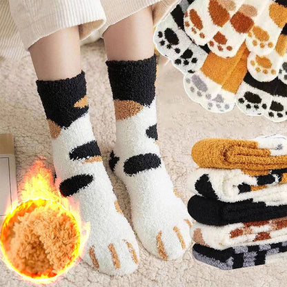 Women Socks Winter Warm Fluffy Socks Cute Animal Claw Cat Paw Footprint Fuzzy Socks Thicken Coral Fleece Home Floor Sleep Socks.