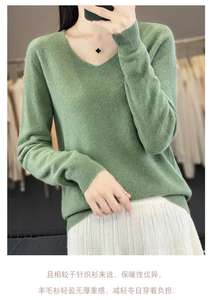 Women 100% Merino Wool Sweater V-Neck Basic Pullover Autumn Winter Cashmere Clothing Long Sleeve Soft Knitwear Tops Solid Color