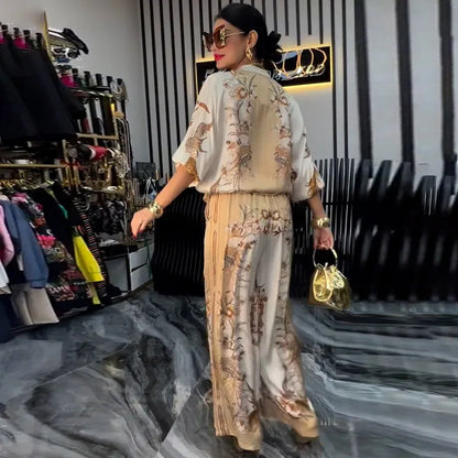 Summer Fashion Print Women's 2-piece Set Flower Zipper Baseball Uniform Drawstring Trousers Two-piece Outfit Elegant Office Suit.