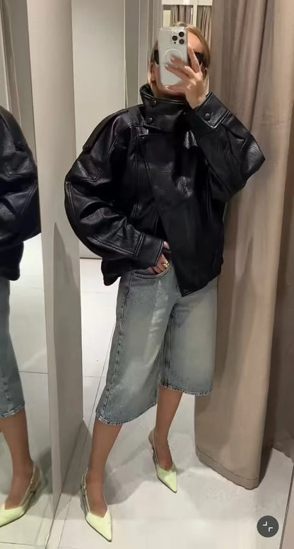 ETJ 2025 neue Damenmode, lockere Version der Stehkragen-Kunstlederjacke, Streetstyle, coole, hübsche Lederjacke