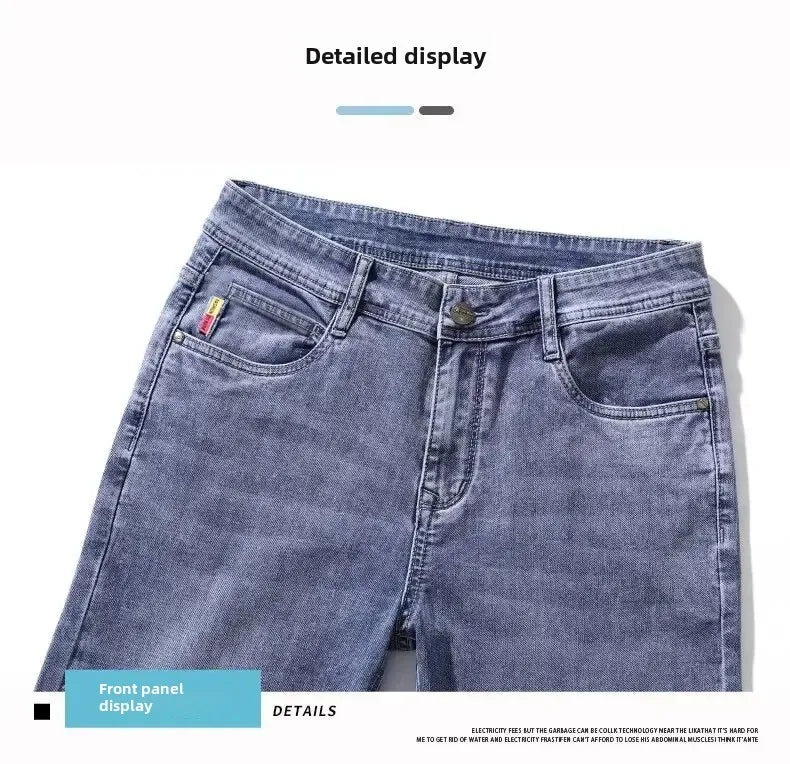 Hong Kong Summer Thin Men's Blue Jeans Slims Smooths Your Silhouette Feet Stretchy Korean Style Light Color Versatile Pants.