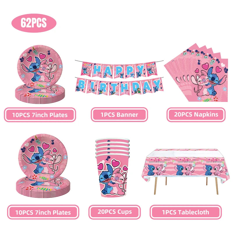 Disney Rosa Stich Geburtstag Party Dekorationen Mädchen Einweg Geschirr Ballon Kuchen Topper Tischdecken Liefert Baby Dusche