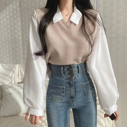 Summer Blouse Women Korean Style False Two-piece Polo Collar Blouses Y2k Tops Streetwear Loose Youth Pullovers Elegant Shirt.