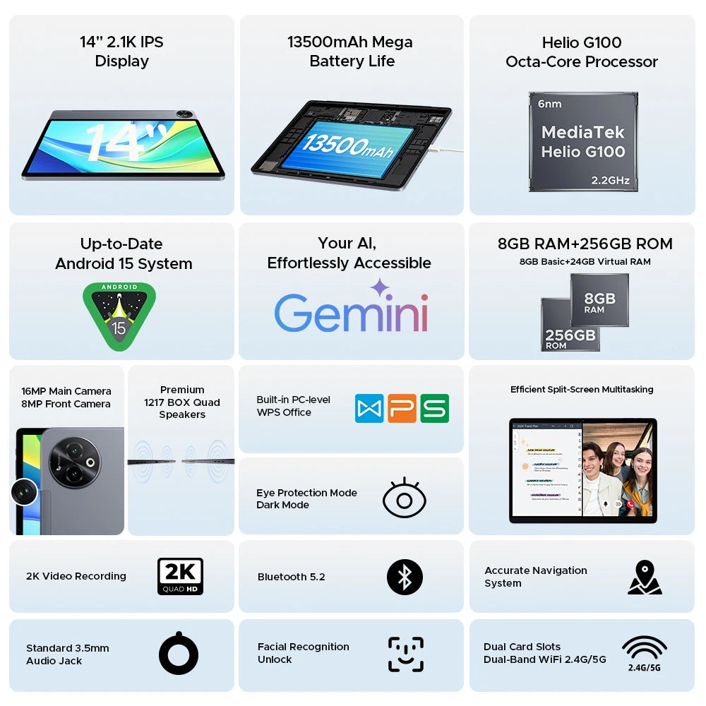 Doogee Tab E3 Max 2 in 1 Tablet Pc 14" 2.1K Display Android 15 32Gb (8+24) 256Gb 13500Mah Battery Qual Speaker Helio G100 Tablet.