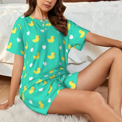 Benutzerdefinierte Frauen Gelb Klassische Gummi Ente Pyjamas Set Gedruckt Zwei-stück Pj Sets Kurzarm Nachtwäsche Loungewear