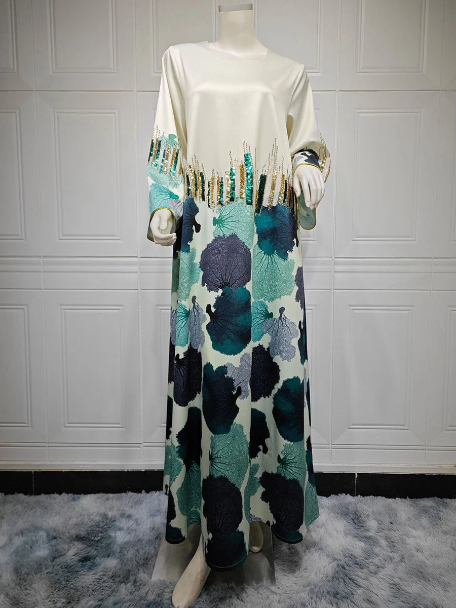 Siskakia Arab Saudi Printing Sequins Long Dresses Galabia Muslim Eid Women Abayas Islam Clothing Turkish African Kebaya 2024 New