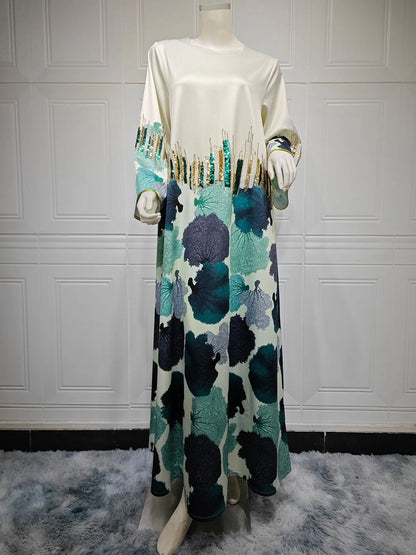 Siskakia Arab Saudi Printing Sequins Long Dresses Galabia Muslim Eid Women Abayas Islam Clothing Turkish African Kebaya 2024 New