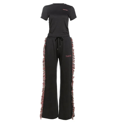 Weird Puss Casual Sporty 2 Piece Set Women Letter Embroidery Crop Tops+Side Tassel Straight Pants Matching Streetwear Tracksuits.
