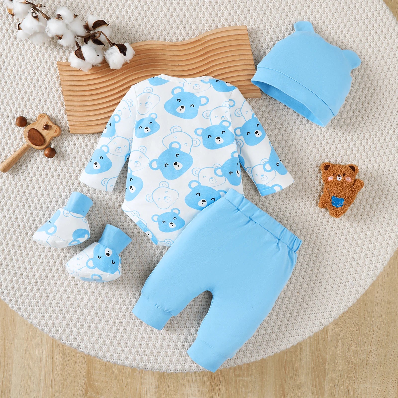 Newborn Baby boy Set Little bear Long sleeved Jumpsuit+Long Pants+Hat+Socks 4Pcs/Set 0-9 Month Baby boy Spring and Autumn Set.