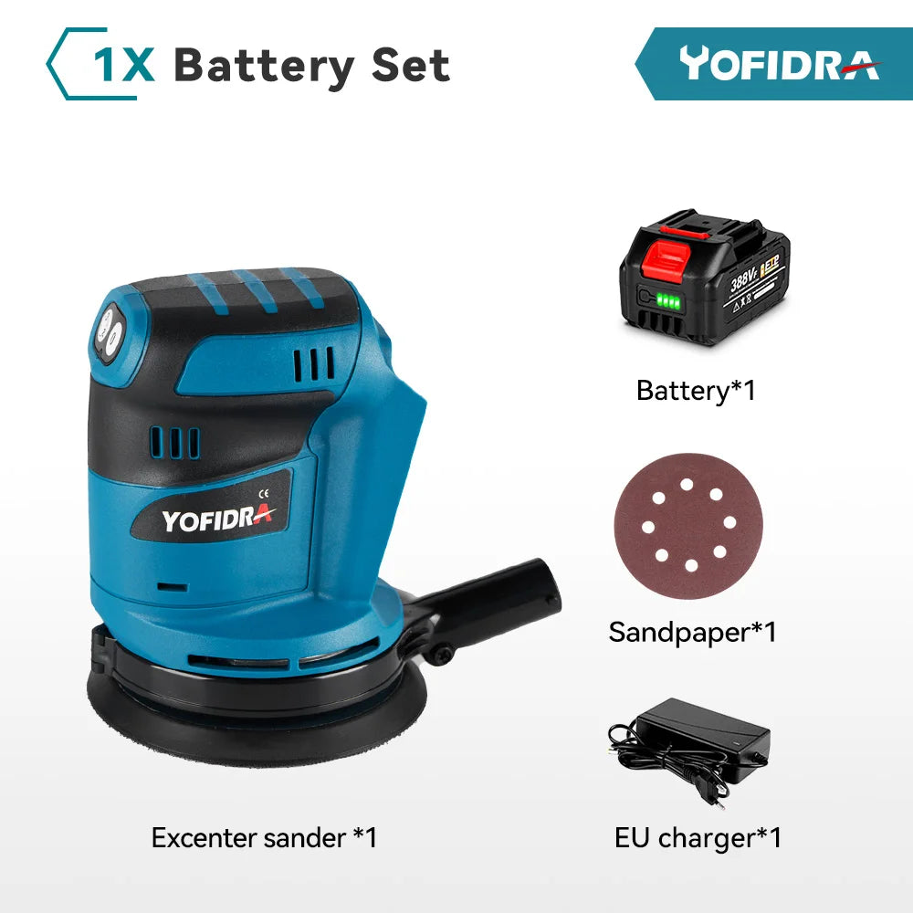 YOFIDRA Elektrische Exzenterschleifer 125 MM Akku-schleifen Schleifen Polieren Maschine Holzbearbeitung Power Tool Für Makita Batterie Pin