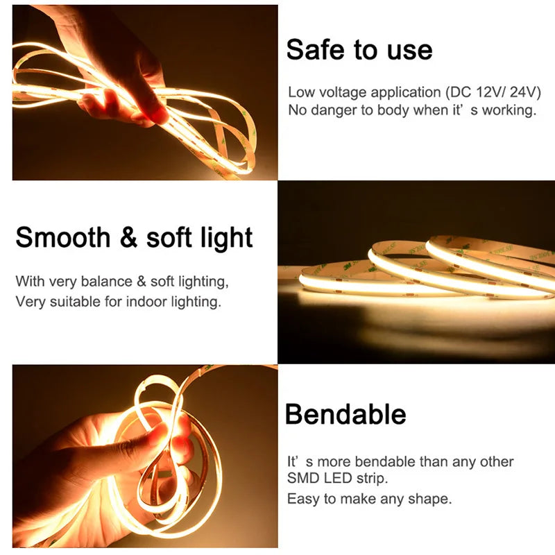 UL-gelistetes COB-LED-Streifenlicht, 320 480 LEDs/m, 16,4 Fuß, flexibles Klebeband mit hoher Dichte, 3000–6500 K, RA90, LED-Leuchten, DC12 V, 24 V.