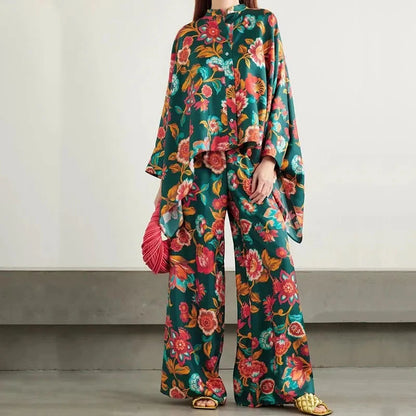 Retro Printed Loose Indie Folk Outfit Women Spring Stand Collar Button Irregular Top+Pant Set Fall Batwing Long Sleeve 2pcs Suit