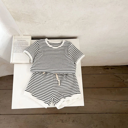 Korean Version Summer Kids Baby Girls Boys Short Sleeve Striped Top Tees +shorts Pants Infant Cute Pure Cotton Clothing Set