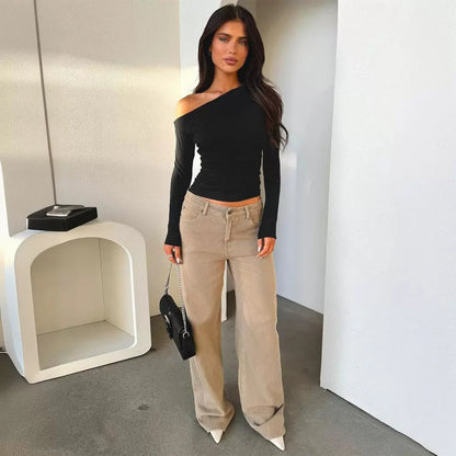 2025 New Spring Women's Casual Long Sleeve Boat Neck Off Shoulder Slim Fit Crop Top Going Out Blouses Y2K Tight Shirts Autumn.